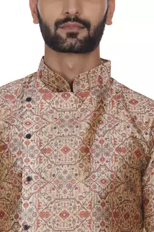Beige Printed Brocade Silk Men Kurtas