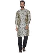 Beige Printed Brocade Silk Men Kurtas