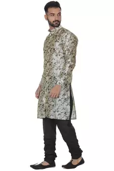 Beige Printed Brocade Silk Men Kurtas