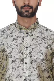 Beige Printed Brocade Silk Men Kurtas