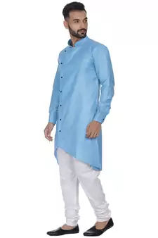 Blue Plain Cotton Men Kurtas