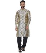 Beige Printed Brocade Silk Men Kurtas