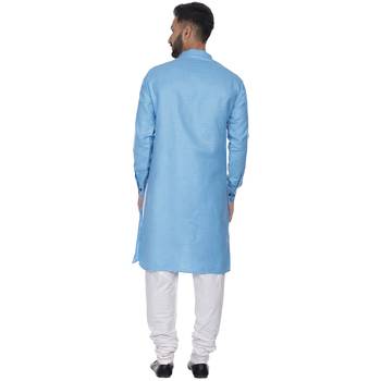 Blue Plain Cotton Men Kurtas 4