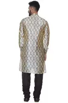 Beige Printed Brocade Silk Men Kurtas