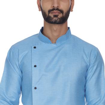 Blue Plain Cotton Men Kurtas 5