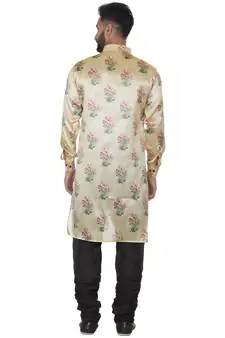 Beige Printed Brocade Silk Men Kurtas