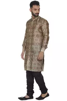 Brown Printed Brocade Silk Men Kurtas