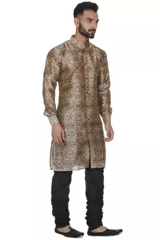 Brown Printed Brocade Silk Men Kurtas