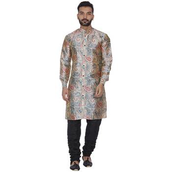 Beige Printed Brocade Silk Men Kurtas 1