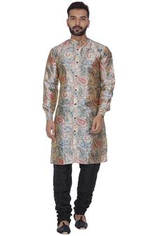 Beige Printed Brocade Silk Men Kurtas