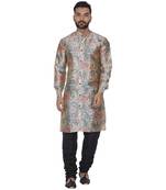Beige Printed Brocade Silk Men Kurtas
