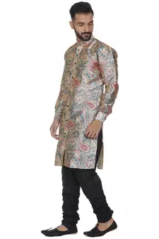 Beige Printed Brocade Silk Men Kurtas
