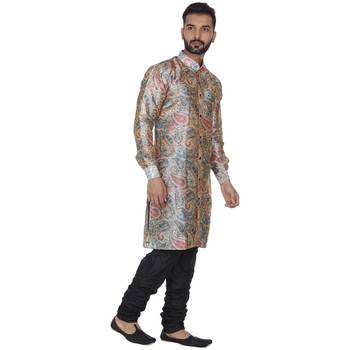 Beige Printed Brocade Silk Men Kurtas 3
