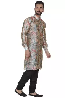 Beige Printed Brocade Silk Men Kurtas