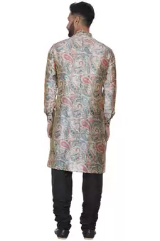Beige Printed Brocade Silk Men Kurtas