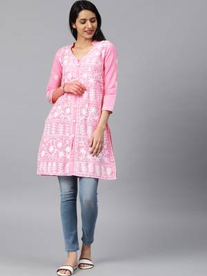 Onion-pink hand woven cotton chikankari-kurtis 1