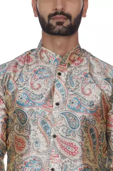 Beige Printed Brocade Silk Men Kurtas