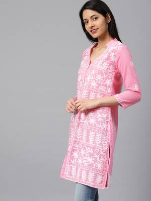 Onion-pink hand woven cotton chikankari-kurtis 3