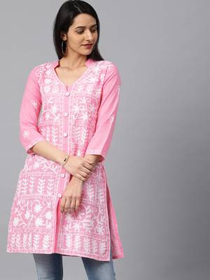 Onion-pink hand woven cotton chikankari-kurtis 4