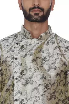 Beige Printed Brocade Silk Men Kurtas