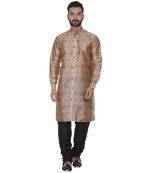 Beige Printed Brocade Silk Men Kurtas