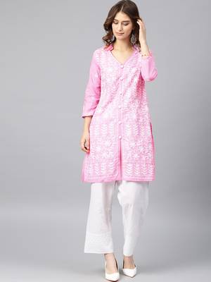 Baby-pink hand woven cotton chikankari-kurtis 1
