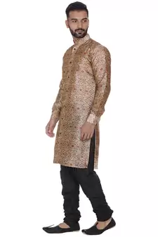 Beige Printed Brocade Silk Men Kurtas