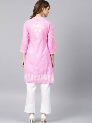 Baby-pink hand woven cotton chikankari-kurtis 2