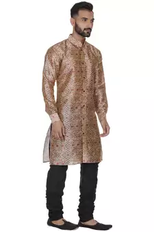 Beige Printed Brocade Silk Men Kurtas