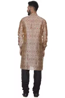 Beige Printed Brocade Silk Men Kurtas