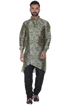 Green Printed Brocade Silk Men Kurtas
