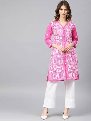 Dark-pink hand woven cotton chikankari-kurtis 1