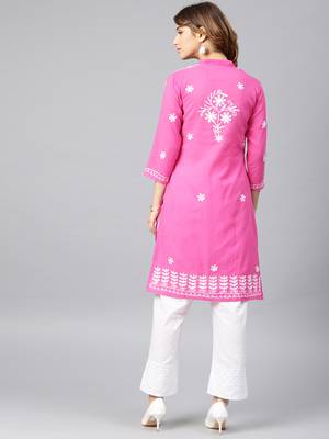 Dark-pink hand woven cotton chikankari-kurtis 2
