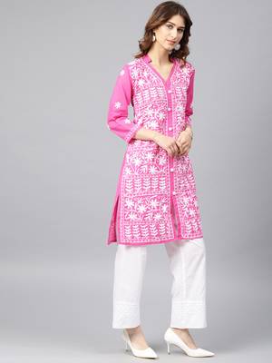 Dark-pink hand woven cotton chikankari-kurtis 3