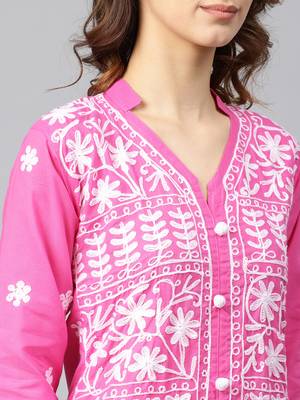 Dark-pink hand woven cotton chikankari-kurtis 4