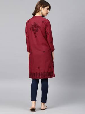 Maroon hand woven cotton chikankari-kurtis 2