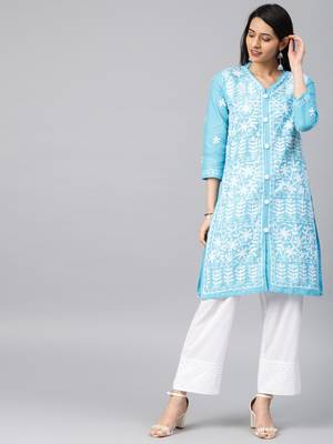 Sky-blue hand woven cotton chikankari-kurtis 1