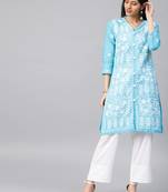 Sky-blue hand woven cotton chikankari-kurtis