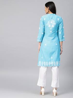 Sky-blue hand woven cotton chikankari-kurtis 2