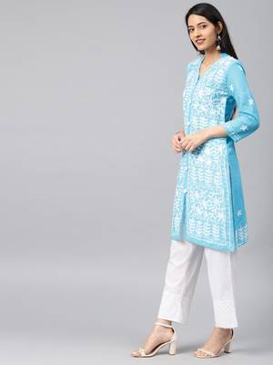 Sky-blue hand woven cotton chikankari-kurtis 3