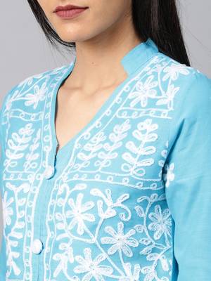 Sky-blue hand woven cotton chikankari-kurtis 4