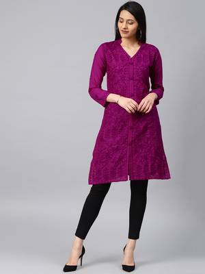 Dark-raspberry hand woven cotton chikankari-kurtis 1