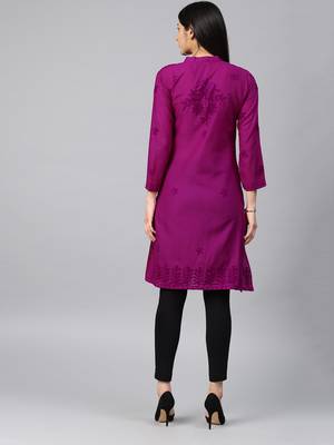 Dark-raspberry hand woven cotton chikankari-kurtis 2