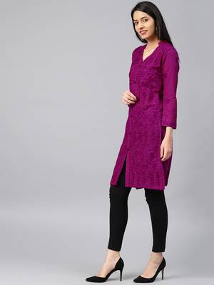 Dark-raspberry hand woven cotton chikankari-kurtis 3