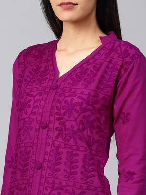 Dark-raspberry hand woven cotton chikankari-kurtis 4