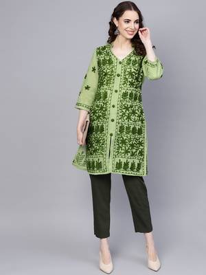 Light-green hand woven cotton chikankari-kurtis 1