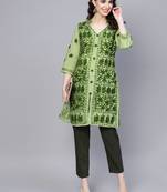 Light-green hand woven cotton chikankari-kurtis