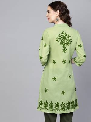 Light-green hand woven cotton chikankari-kurtis 2
