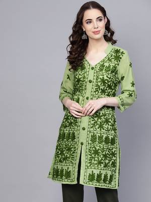 Light-green hand woven cotton chikankari-kurtis 3