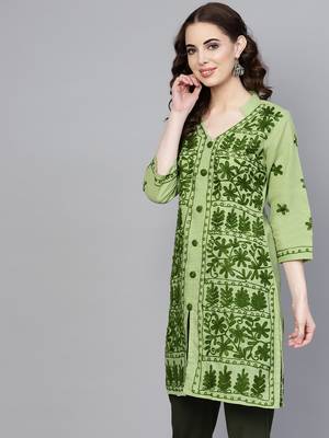 Light-green hand woven cotton chikankari-kurtis 4